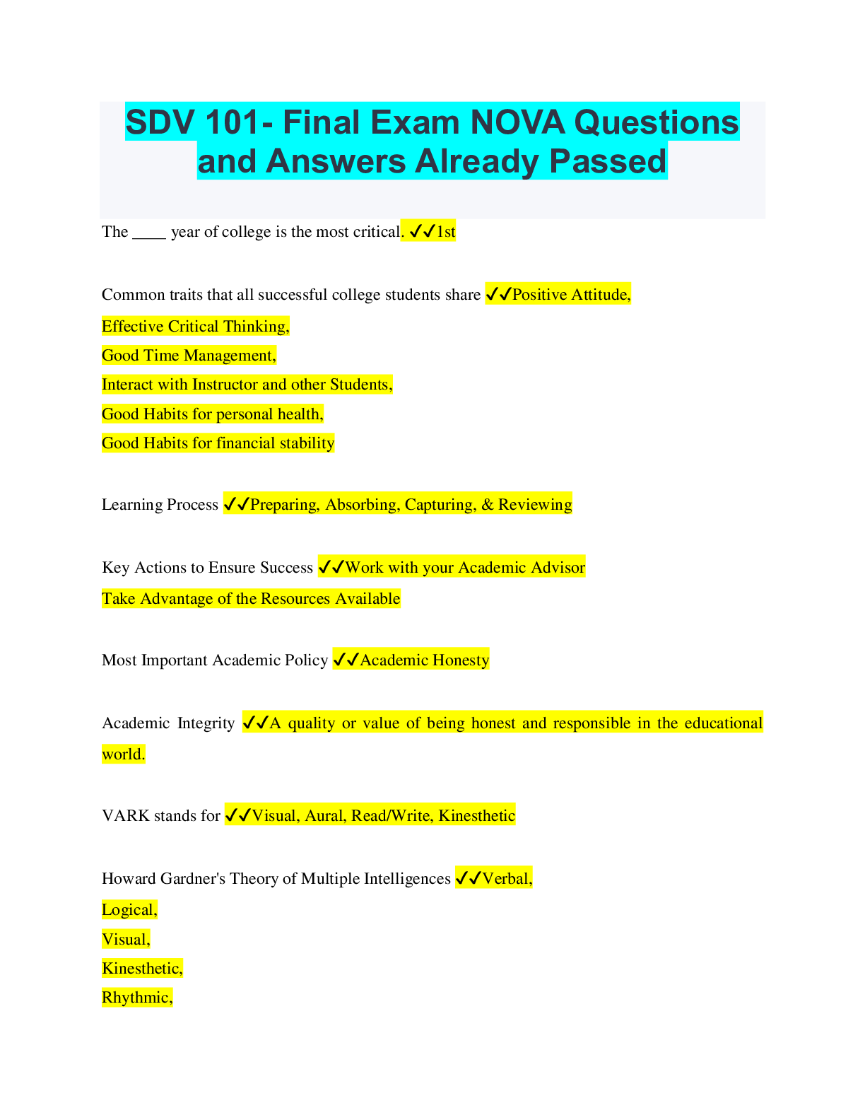Preview image for SDV 101- Final Exam NOVA Questions and Answers Already Passed